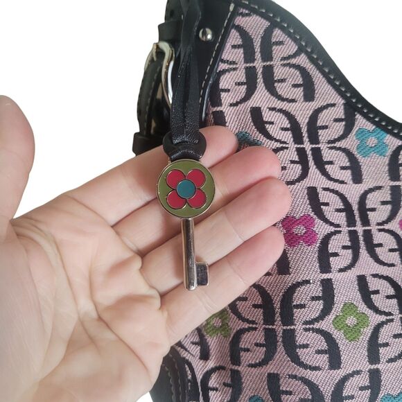 Fossil Monogram Shoulder Bag Purse Handbag Pink Black Leather Trim Flower Boho - Picture 4 of 13